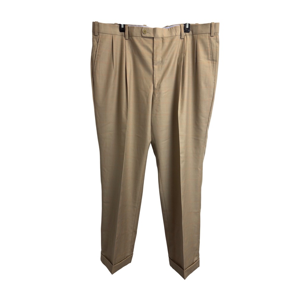 Aristo Eighteen Mens Tan Windowpane Pleated Cuffed Wool Dress Pants Size 42X31